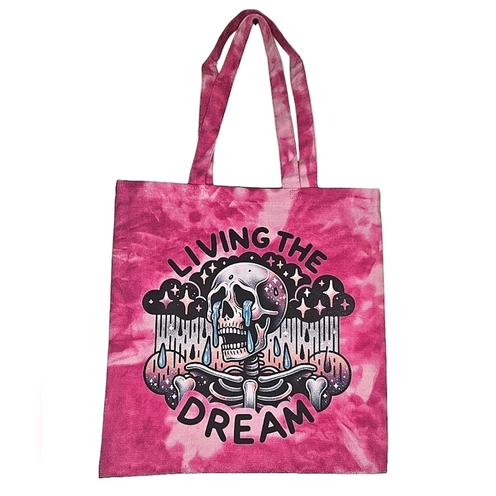0113-0115 Living The Dream Skelly Pink Canvas Tie Dye Tote Bag